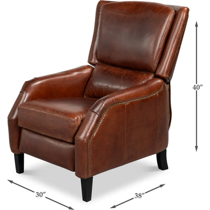 Ashford Leather Recliner by Sarreid Ltd. in newark brown. Made from newark brown, cow leather, rubber wood in a traditional style.