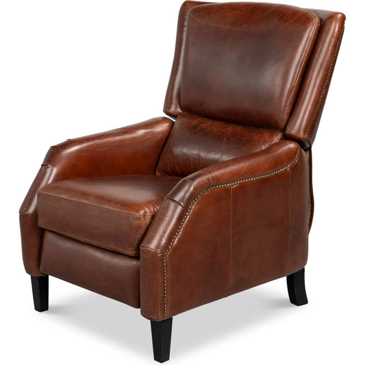 Ashford Leather Recliner by Sarreid Ltd. in newark brown. Made from newark brown, cow leather, rubber wood in a traditional style.
