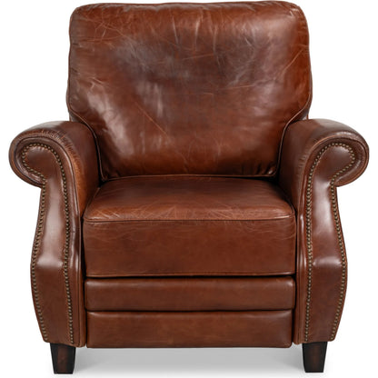 Roosevelt Leather Recliner by Sarreid Ltd. in newark brown. Made from cow leather, rubber wood in a traditional style.