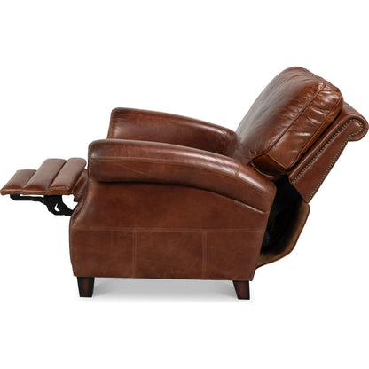 Roosevelt Leather Recliner by Sarreid Ltd. in newark brown. Made from cow leather, rubber wood in a traditional style.