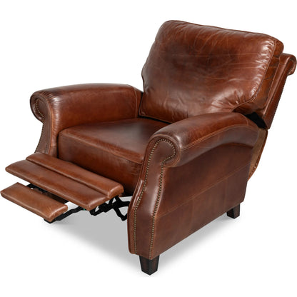 Roosevelt Leather Recliner by Sarreid Ltd. in newark brown. Made from cow leather, rubber wood in a traditional style.