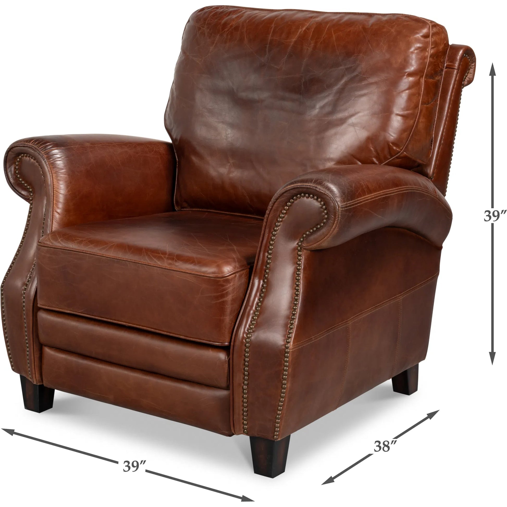 Roosevelt Leather Recliner by Sarreid Ltd. in newark brown. Made from cow leather, rubber wood in a traditional style.