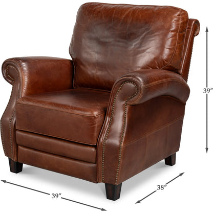 Roosevelt Leather Recliner by Sarreid Ltd. in newark brown. Made from cow leather, rubber wood in a traditional style.
