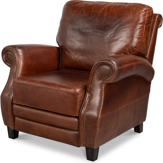 Roosevelt Leather Recliner by Sarreid Ltd. in newark brown. Made from cow leather, rubber wood in a traditional style.