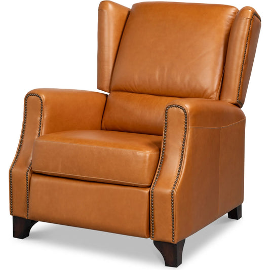 Bradford Leather Recliner by Sarreid Ltd. in brown. Made from marseile, cow leather, rubber wood in a traditional style.