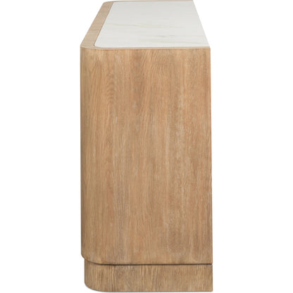 Arcus Sideboard by Sarreid Ltd. in brown and mango wood, manmade marble top, wood veneer, faux marble. Made from unique in a unique style.