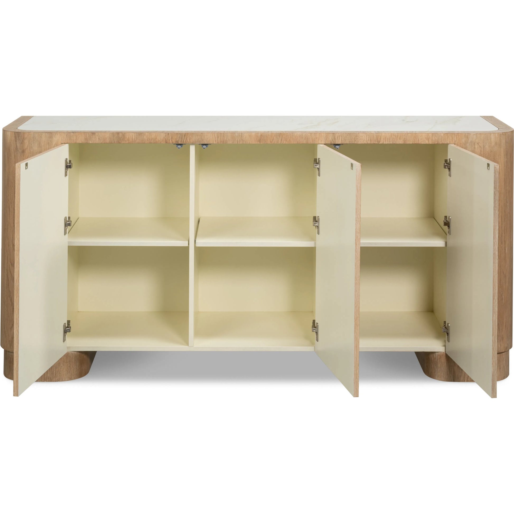 Arcus Sideboard by Sarreid Ltd. in brown and mango wood, manmade marble top, wood veneer, faux marble. Made from unique in a unique style.