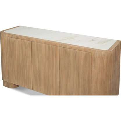 Arcus Sideboard by Sarreid Ltd. in brown and mango wood, manmade marble top, wood veneer, faux marble. Made from unique in a unique style.