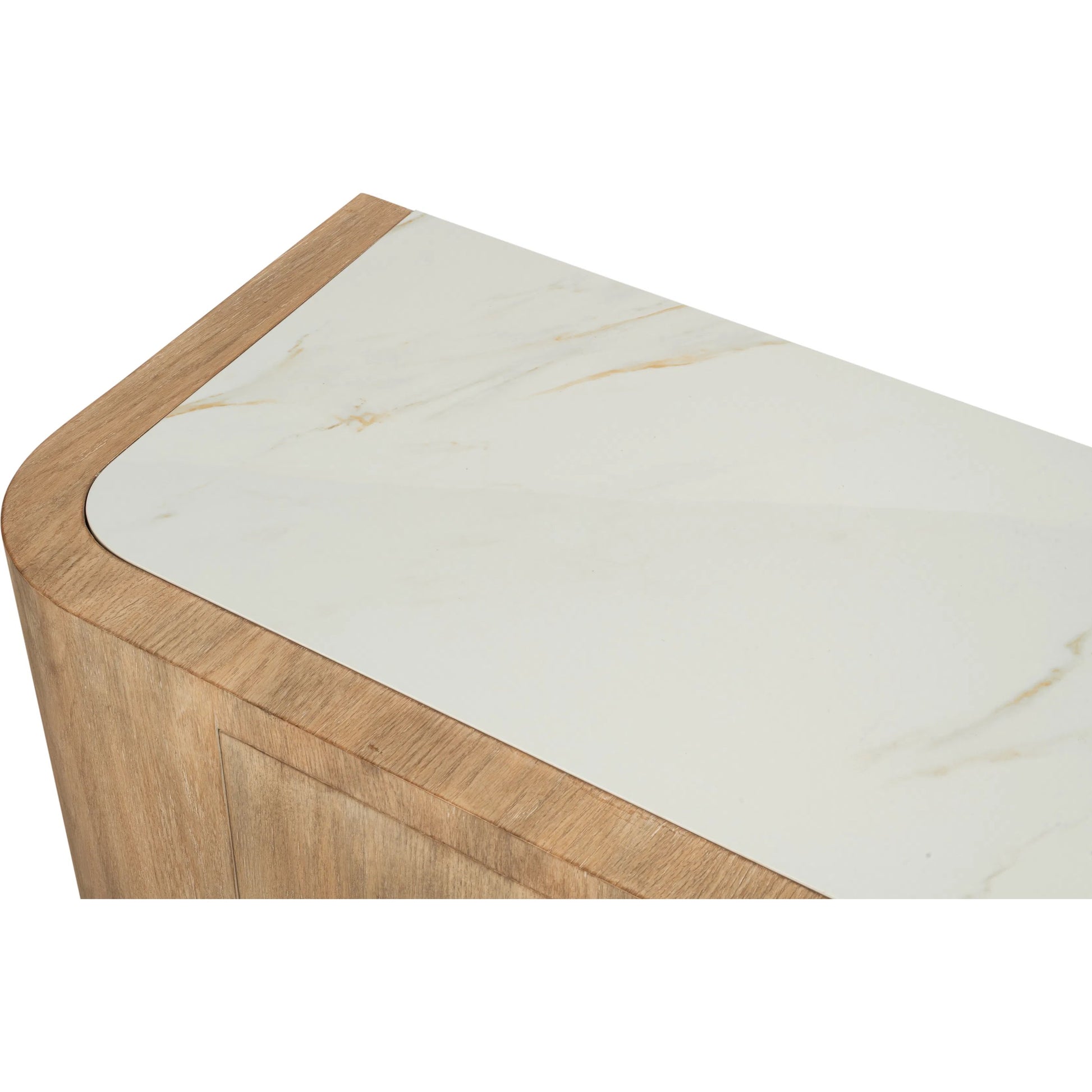 Arcus Sideboard by Sarreid Ltd. in brown and mango wood, manmade marble top, wood veneer, faux marble. Made from unique in a unique style.
