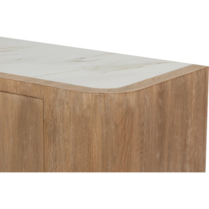 Arcus Sideboard by Sarreid Ltd. in brown and mango wood, manmade marble top, wood veneer, faux marble. Made from unique in a unique style.