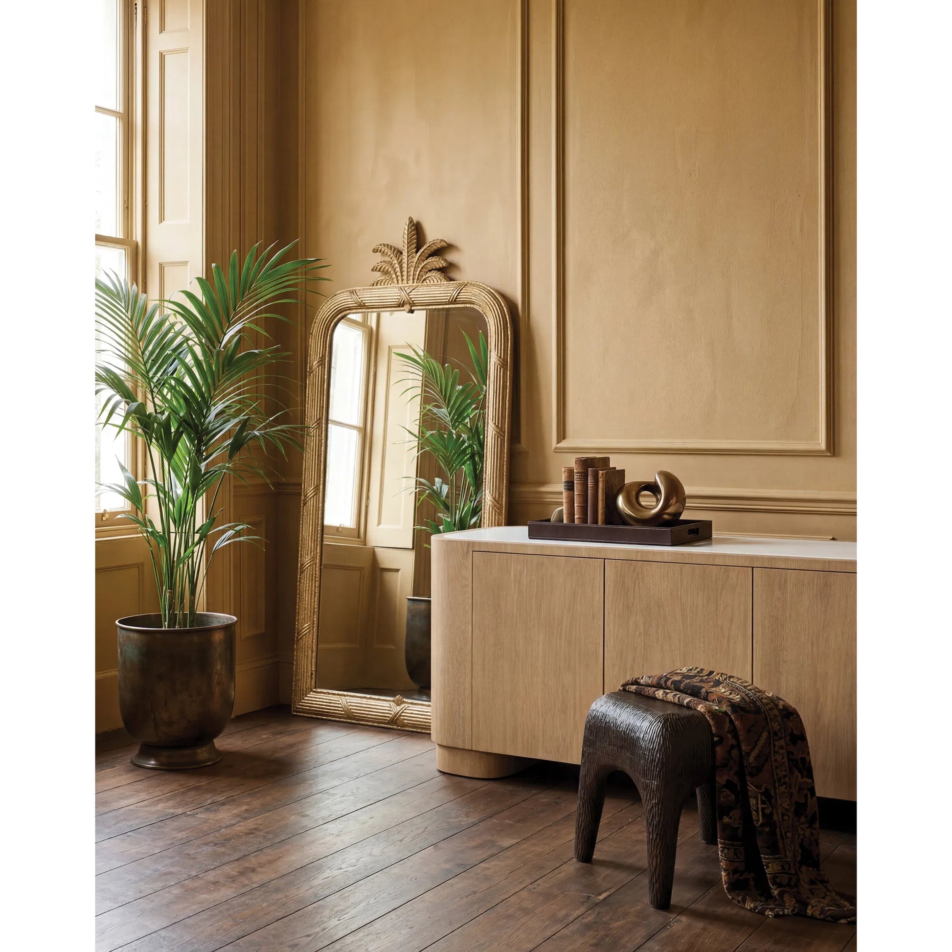 Arcus Sideboard by Sarreid Ltd. in brown and mango wood, manmade marble top, wood veneer, faux marble. Made from unique in a unique style.