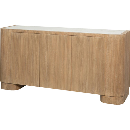 Arcus Sideboard by Sarreid Ltd. in brown and mango wood, manmade marble top, wood veneer, faux marble. Made from unique in a unique style.