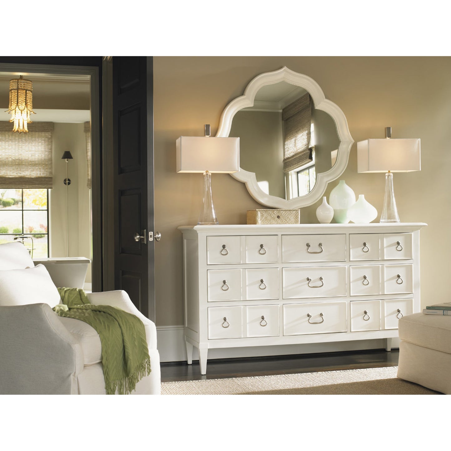 002 SR-836317 | Lifestyle | Paget Mirror by Tommy Bahama Home in white. Made from unique in a traditional style.