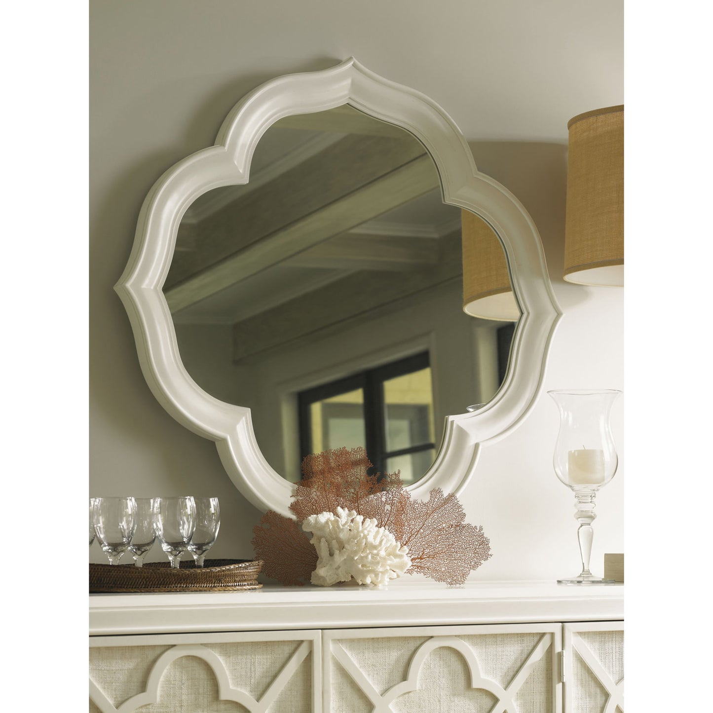 003 SR-836317 | Lifestyle | Paget Mirror by Tommy Bahama Home in white. Made from unique in a traditional style.