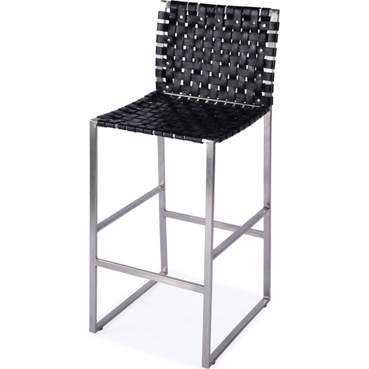 Urban Woven Leather Rectangular 28" Barstool by Butler Specialty Company. Made from iron, real leather, steel metal nail heads in a cottage & farmhouse style.