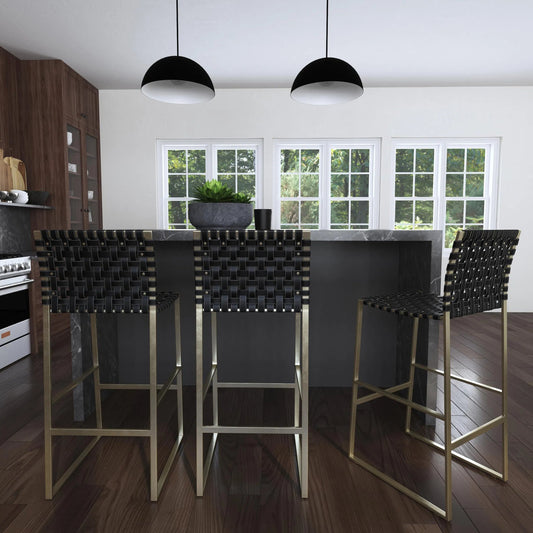Urban Woven Leather Rectangular 28" Barstool by Butler Specialty Company. Made from iron, real leather, steel metal nail heads in a cottage & farmhouse style.
