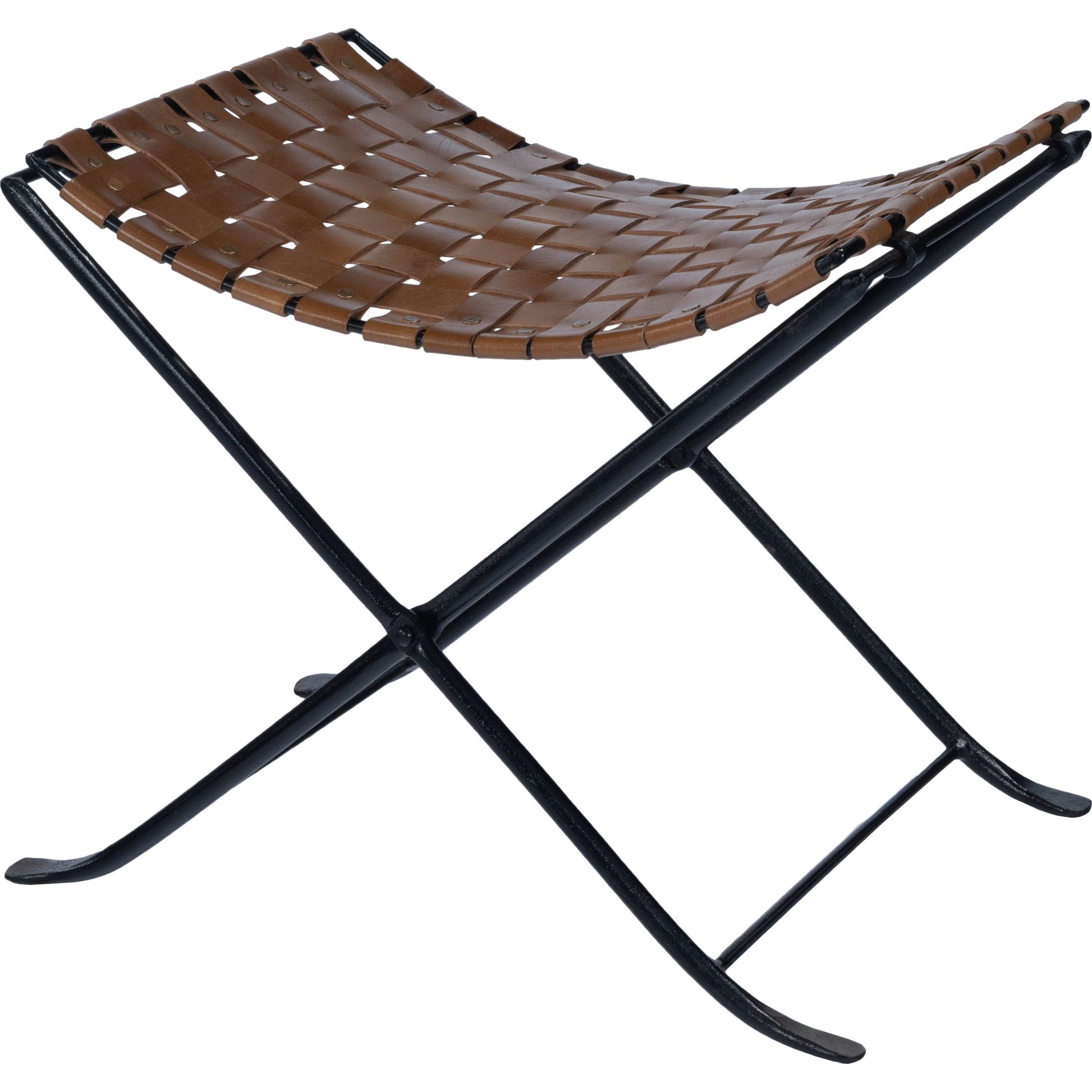 Karma Stool by Butler Specialty Company in medium brown and brown leather. Made from iron, real leather, steel metal nail heads in a rustic style.