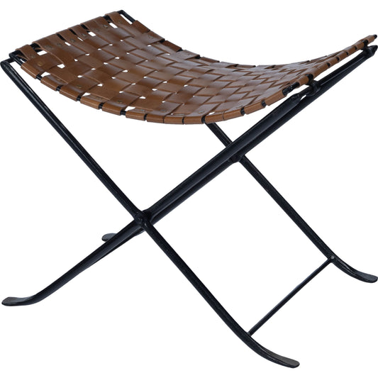Karma Stool by Butler Specialty Company in medium brown and brown leather. Made from iron, real leather, steel metal nail heads in a rustic style.