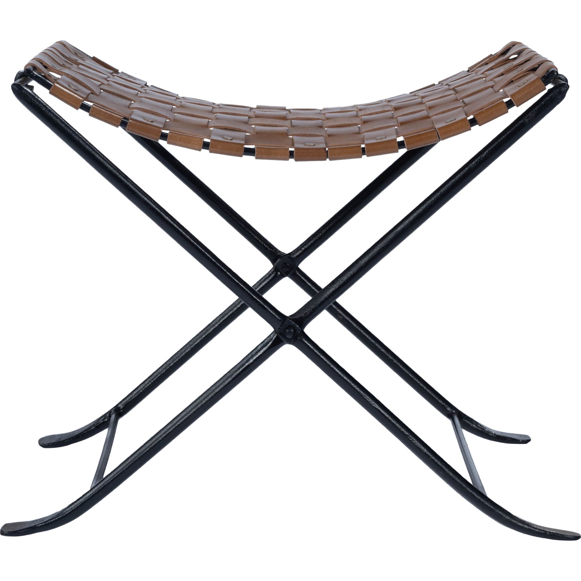 Karma Stool by Butler Specialty Company in medium brown and brown leather. Made from iron, real leather, steel metal nail heads in a rustic style.