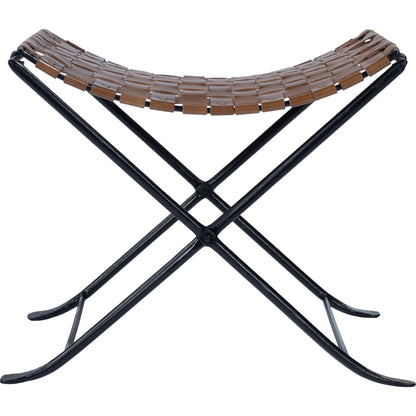 Karma Stool by Butler Specialty Company in medium brown and brown leather. Made from iron, real leather, steel metal nail heads in a rustic style.