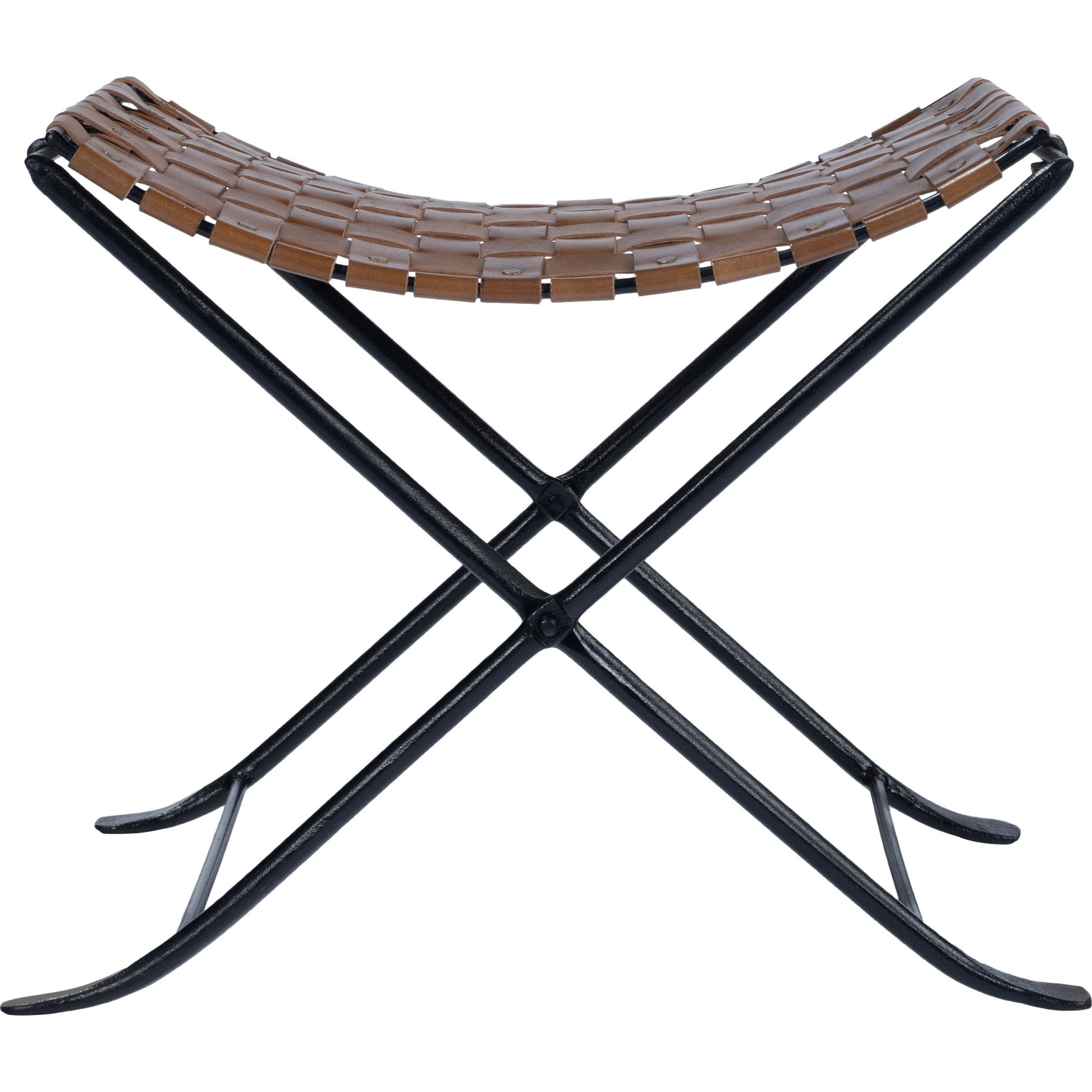 Karma Stool by Butler Specialty Company in medium brown and brown leather. Made from iron, real leather, steel metal nail heads in a rustic style.