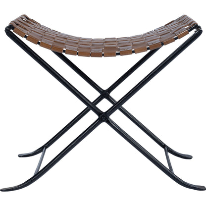 Karma Stool by Butler Specialty Company in medium brown and brown leather. Made from iron, real leather, steel metal nail heads in a rustic style.