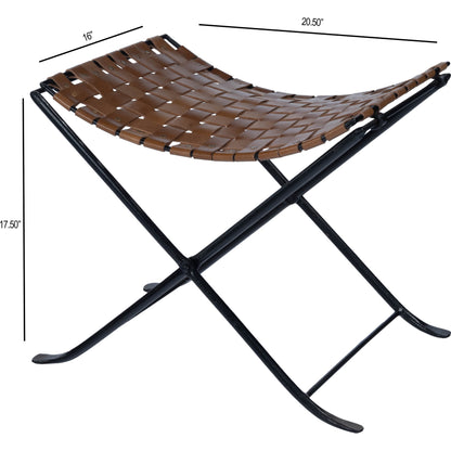 Karma Stool by Butler Specialty Company in medium brown and brown leather. Made from iron, real leather, steel metal nail heads in a rustic style.