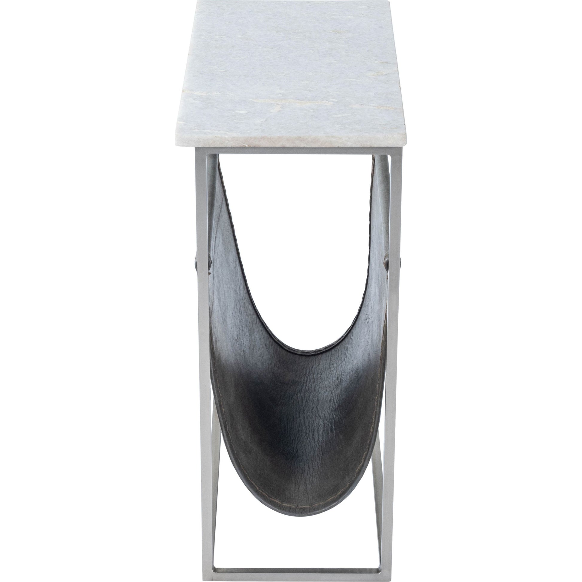 Koler Magazine Table by Butler Specialty Company in off white and marble, metal. Made from iron, aged silver finish, leather, aged gray-brown finish, marble in a modern style.