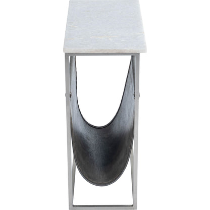 Koler Magazine Table by Butler Specialty Company in off white and marble, metal. Made from iron, aged silver finish, leather, aged gray-brown finish, marble in a modern style.