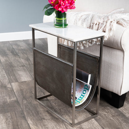 Koler Magazine Table by Butler Specialty Company in off white and marble, metal. Made from iron, aged silver finish, leather, aged gray-brown finish, marble in a modern style.