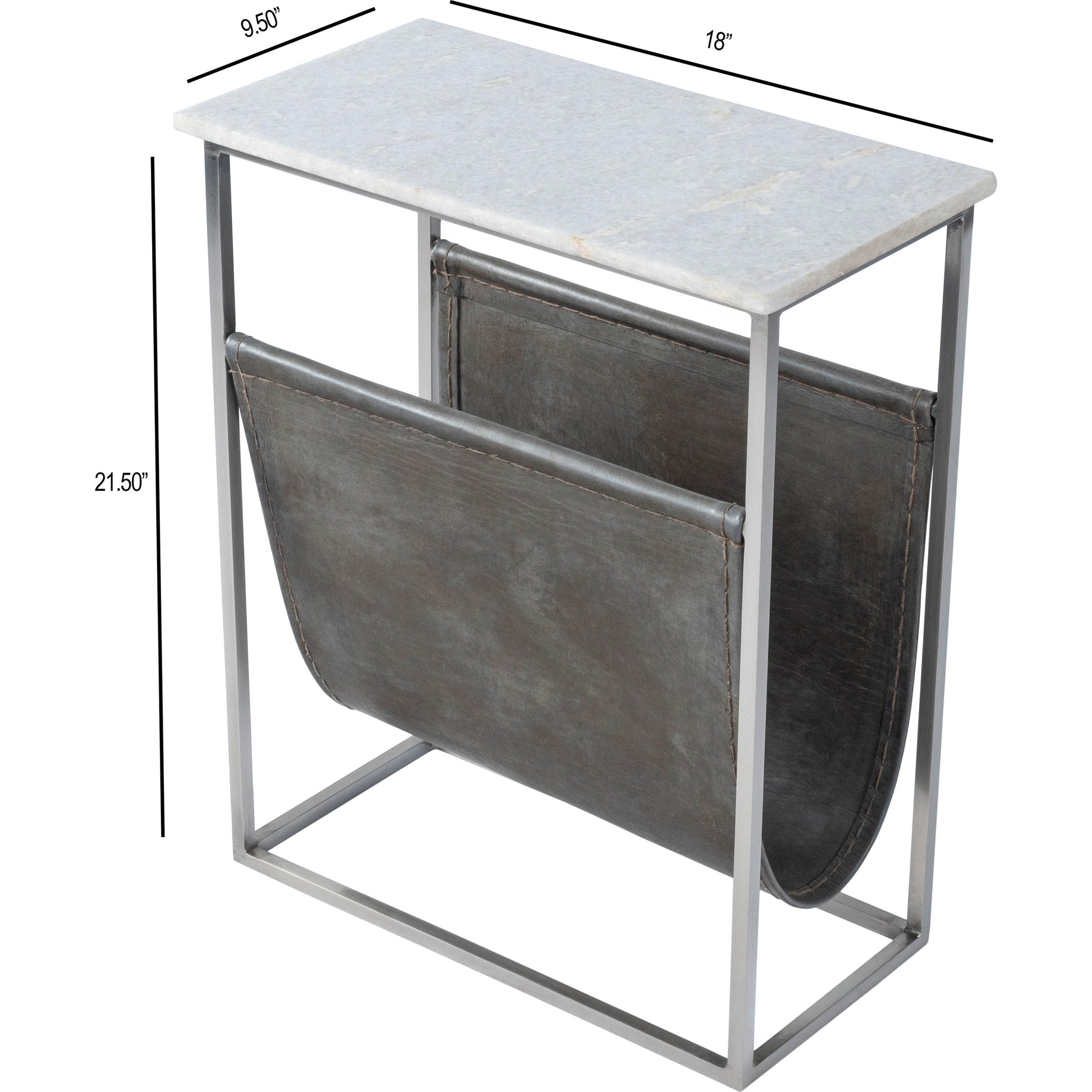 Koler Magazine Table by Butler Specialty Company in off white and marble, metal. Made from iron, aged silver finish, leather, aged gray-brown finish, marble in a modern style.