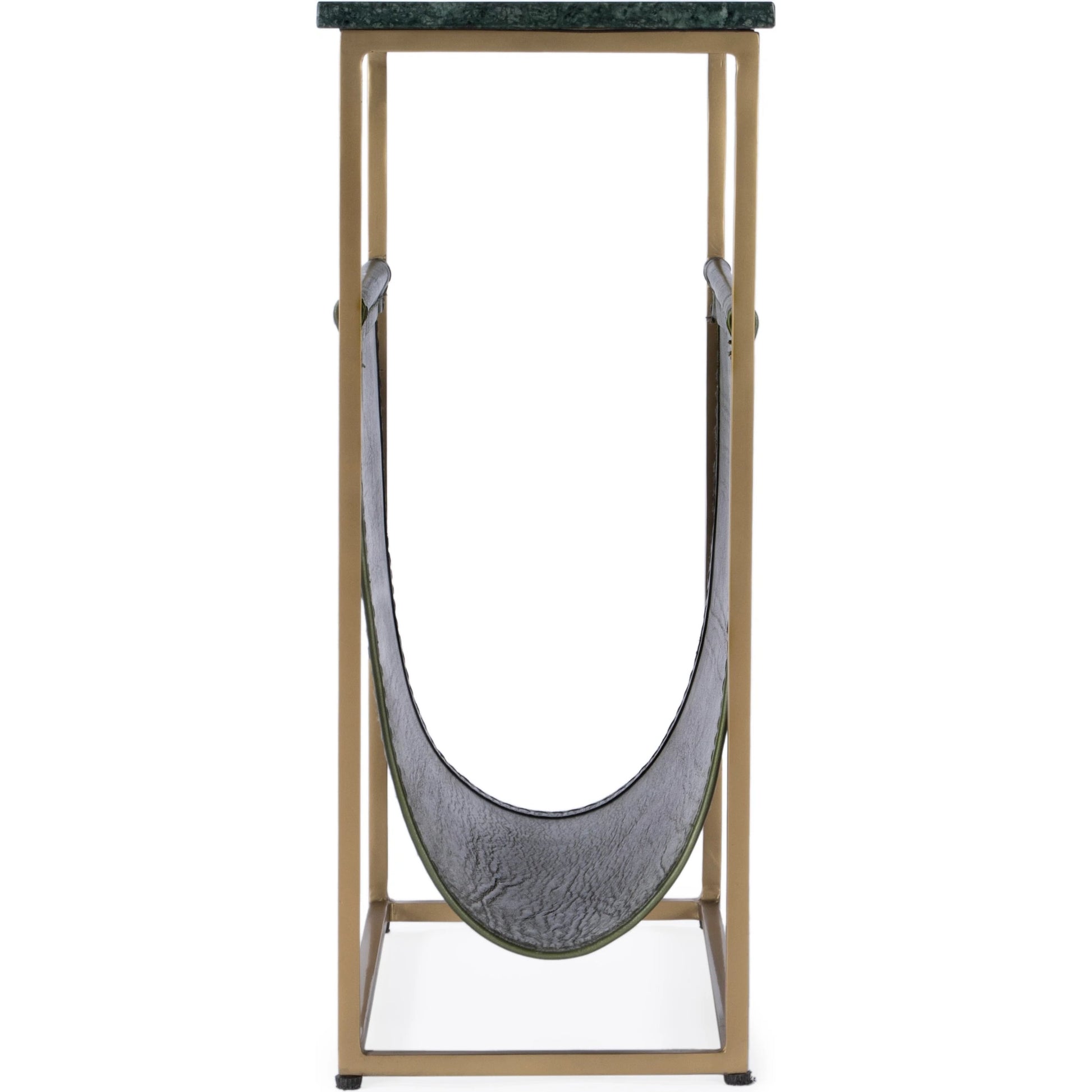 Edie Magazine Side Table by Butler Specialty Company in green marble. Made from iron, leather, marble in a modern style.