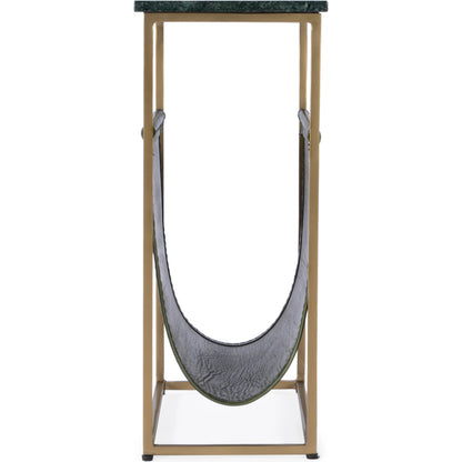 Edie Magazine Side Table by Butler Specialty Company in green marble. Made from iron, leather, marble in a modern style.