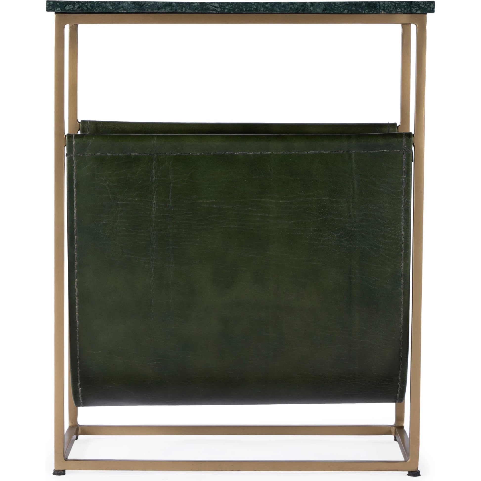 Edie Magazine Side Table by Butler Specialty Company in green marble. Made from iron, leather, marble in a modern style.