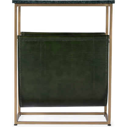 Edie Magazine Side Table by Butler Specialty Company in green marble. Made from iron, leather, marble in a modern style.