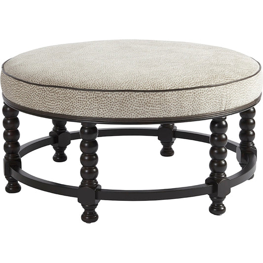 Naples Cocktail Ottoman by Barclay Butera in cream and ebony. Made from mahogany, fabric in a unique style.