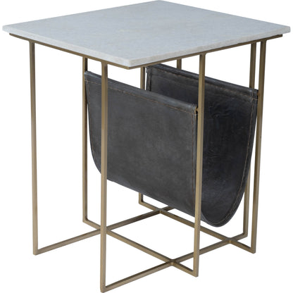 Stephanik Magazine Table by Butler Specialty Company in off white and marble, metal. Made from iron, aged silver finish, leather, aged gray-brown finish, marble in a modern style.