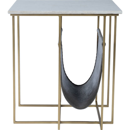 Stephanik Magazine Table by Butler Specialty Company in off white and marble, metal. Made from iron, aged silver finish, leather, aged gray-brown finish, marble in a modern style.