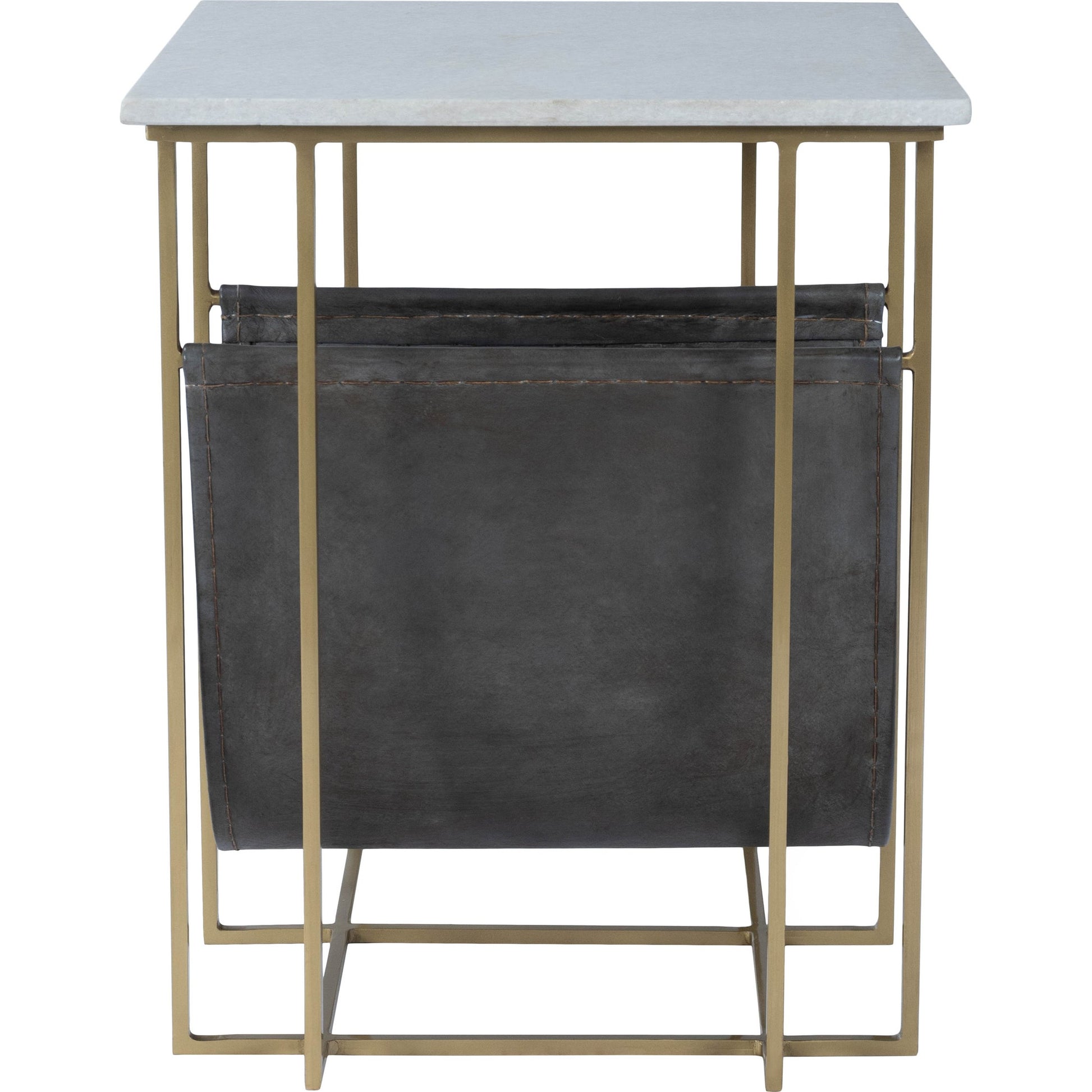 Stephanik Magazine Table by Butler Specialty Company in off white and marble, metal. Made from iron, aged silver finish, leather, aged gray-brown finish, marble in a modern style.