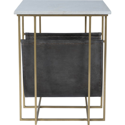 Stephanik Magazine Table by Butler Specialty Company in off white and marble, metal. Made from iron, aged silver finish, leather, aged gray-brown finish, marble in a modern style.