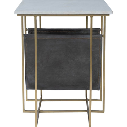 Stephanik Magazine Table by Butler Specialty Company in off white and marble, metal. Made from iron, aged silver finish, leather, aged gray-brown finish, marble in a modern style.