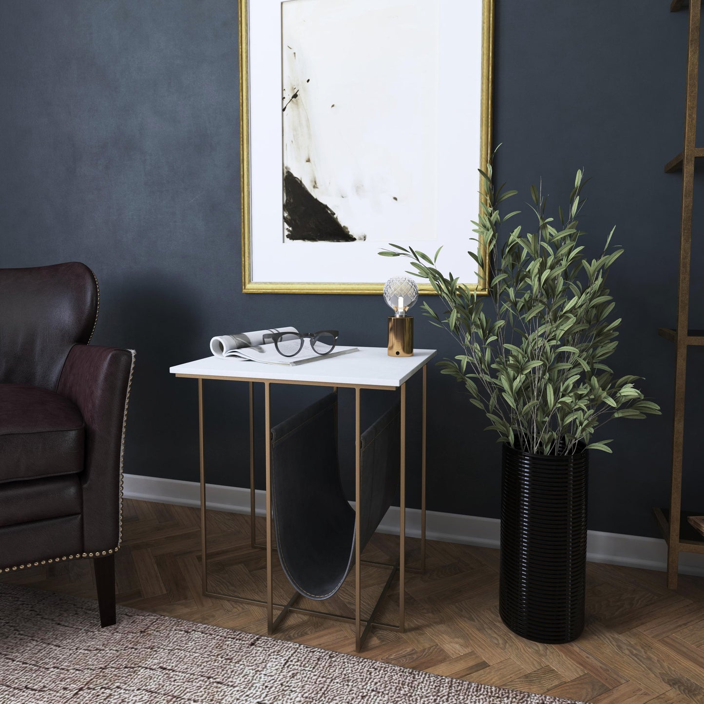009 SR-770511 | Lifestyle | Stephanik Magazine Table by Butler Specialty Company in off white and marble, metal. Made from iron, aged silver finish, leather, aged gray-brown finish, marble in a modern style.