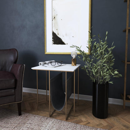Stephanik Magazine Table by Butler Specialty Company in off white and marble, metal. Made from iron, aged silver finish, leather, aged gray-brown finish, marble in a modern style.