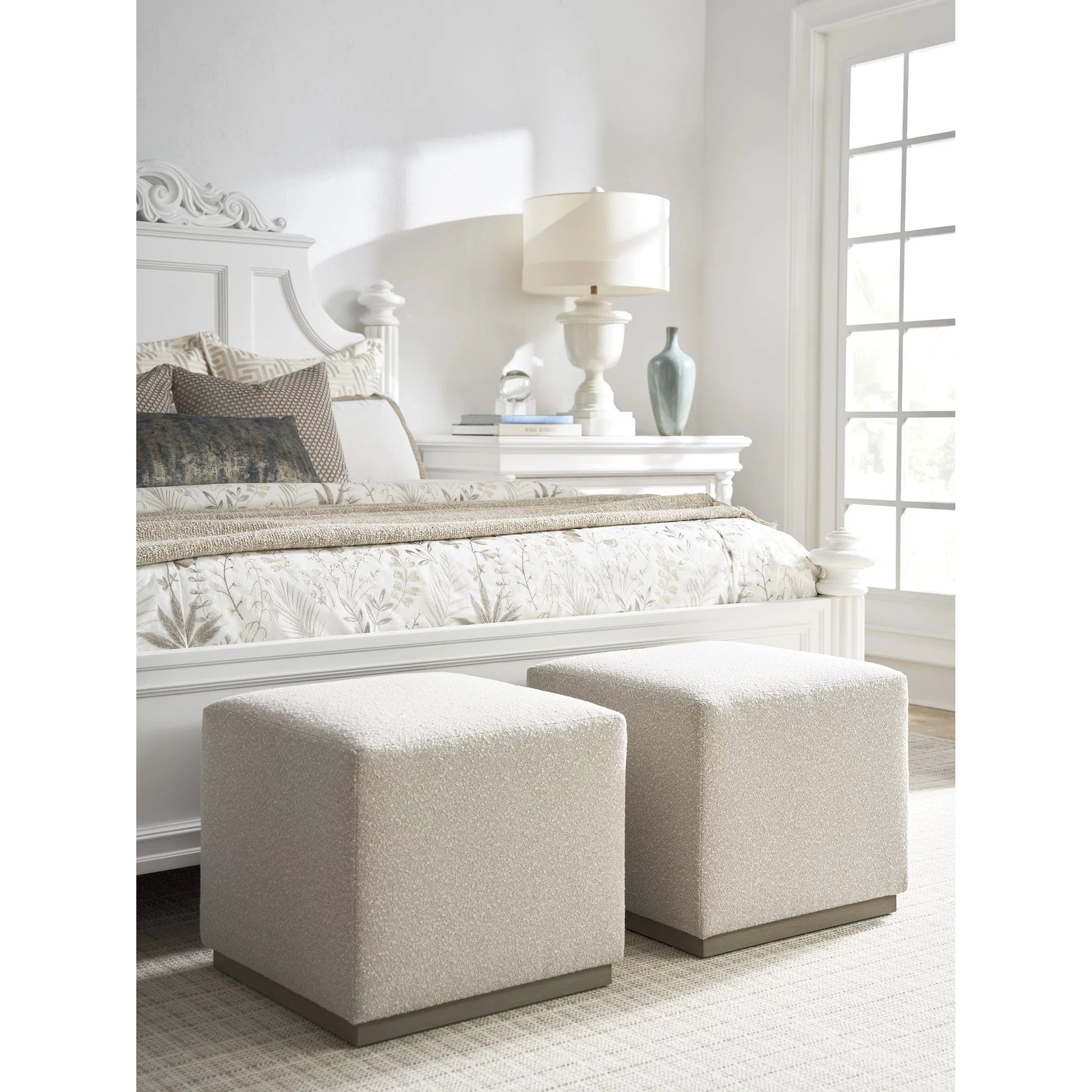 Colby Ottoman by Barclay Butera. Made from mahogany, fabric in a transitional style.