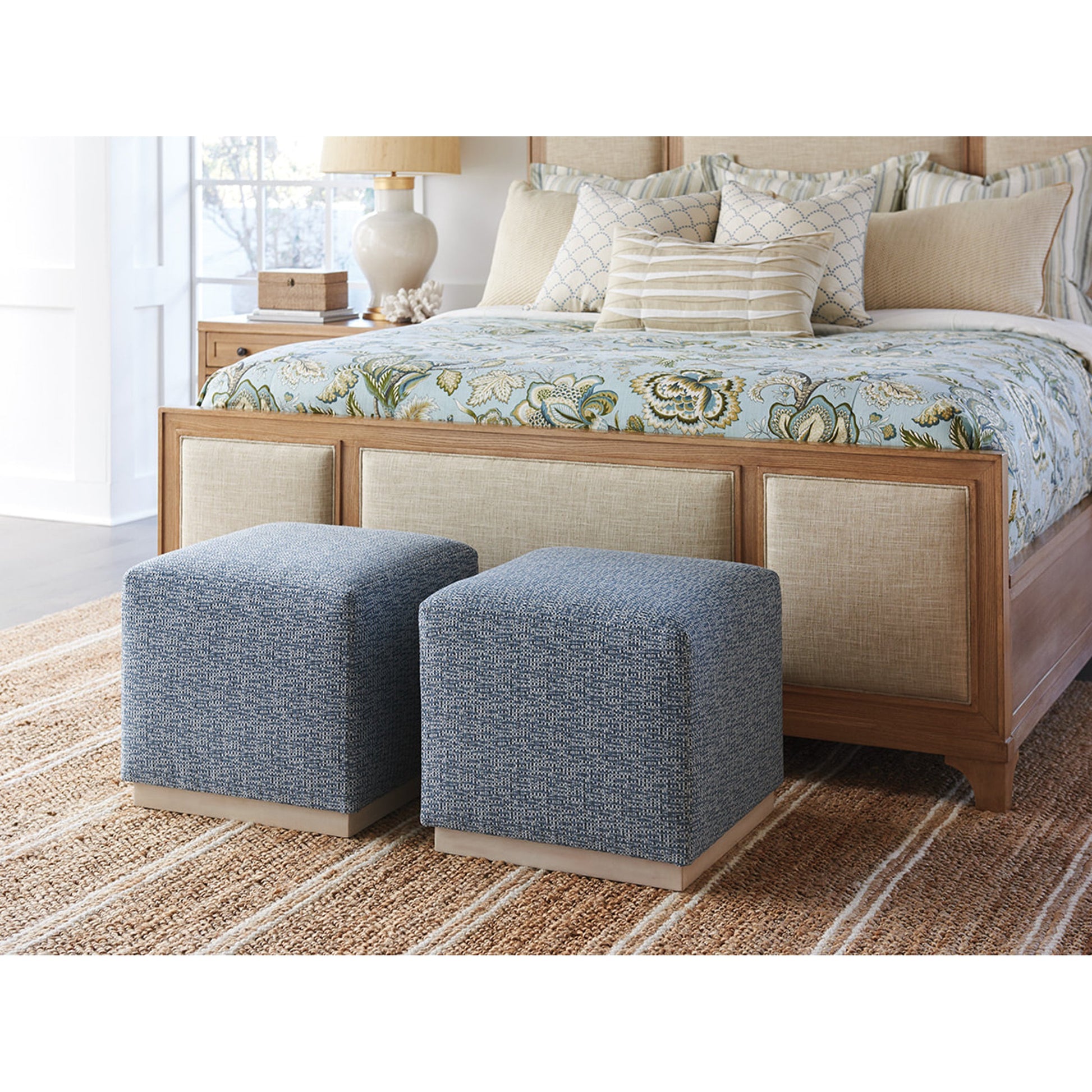 Colby Ottoman Lagoon by Barclay Butera in lagoon. Made from unique in a transitional style.