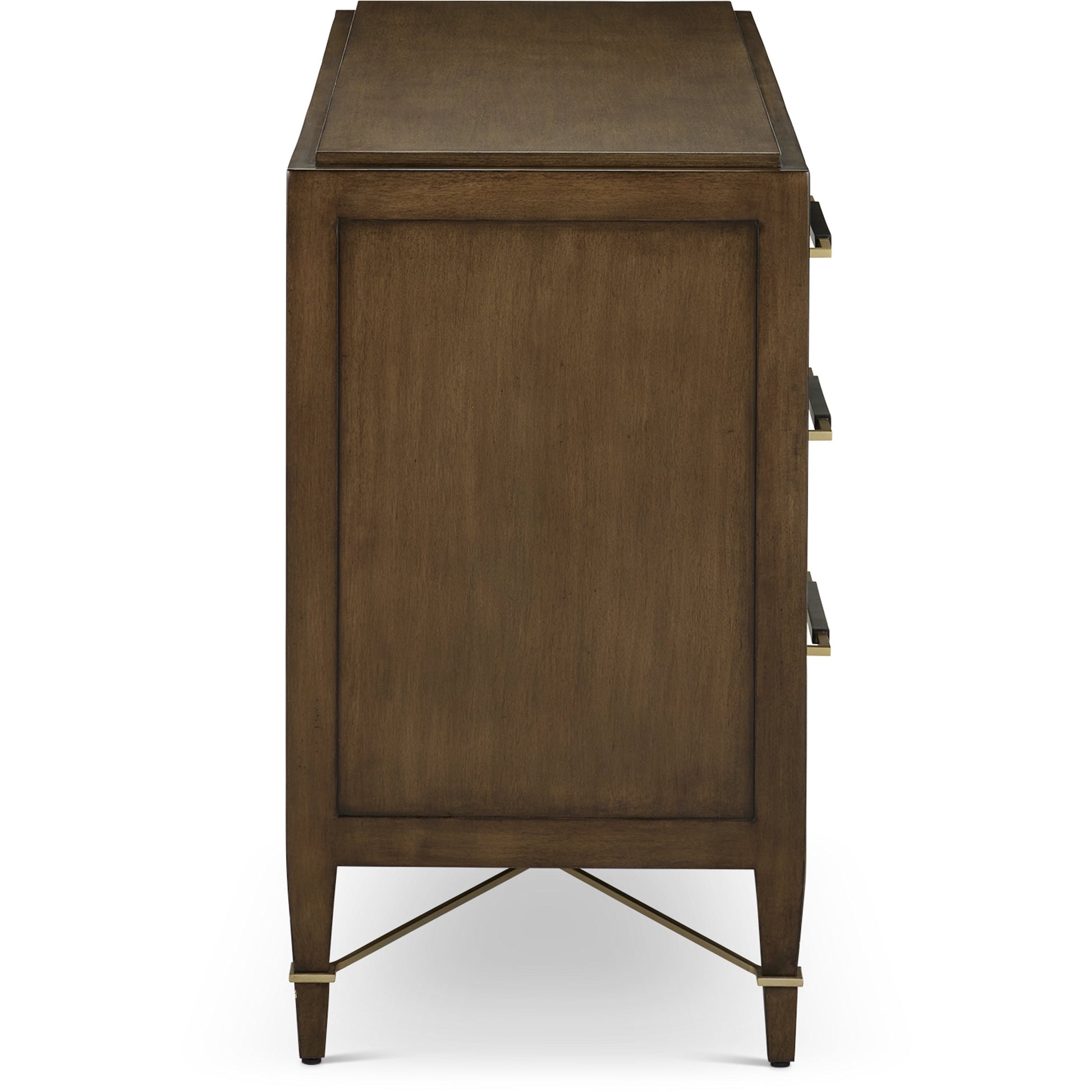 Verona Three-Drawer Chest by Currey and Company in lacquered black linen, champagne. Made from black linen, mahogany, brass, iron in a traditional style.