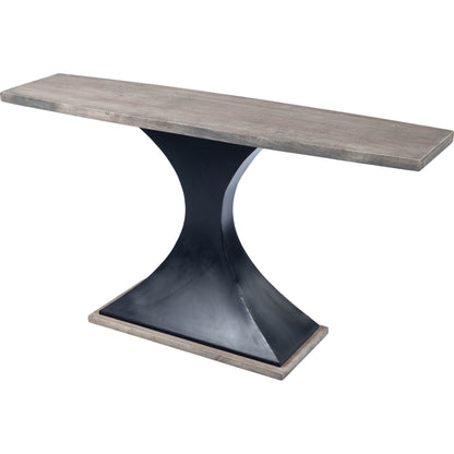 Lidiya Console Table by Butler Specialty Company in gray and metalworks. Made from acacia wood, gray sandwash finish, iron, black powder coat finish in a modern style.