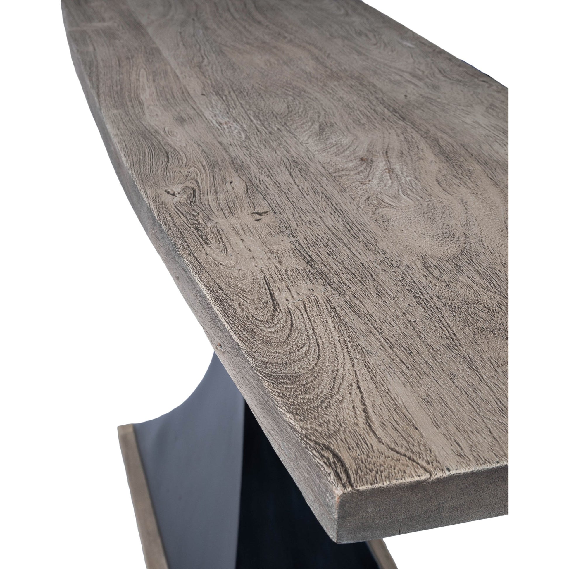 Lidiya Console Table by Butler Specialty Company in gray and metalworks. Made from acacia wood, gray sandwash finish, iron, black powder coat finish in a modern style.