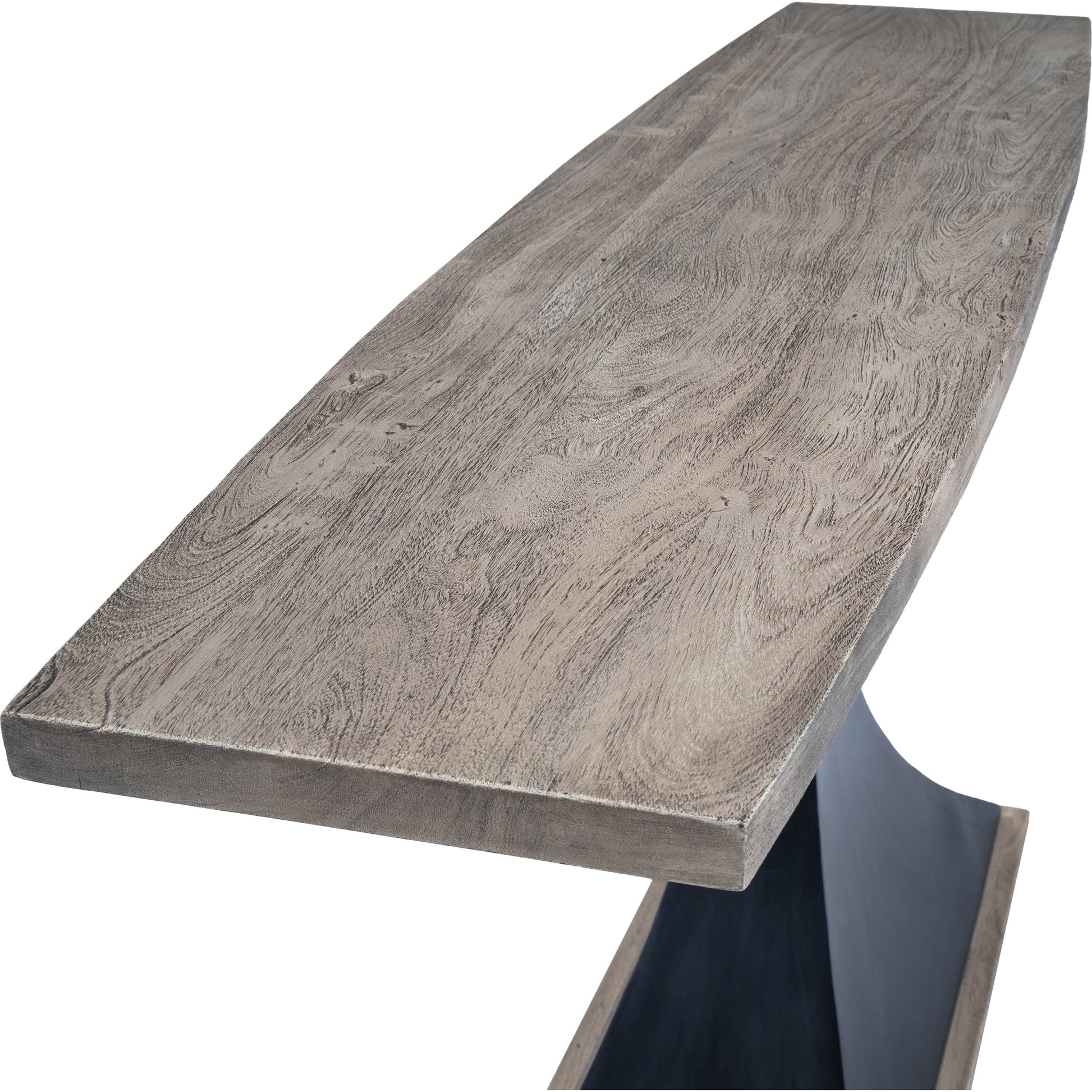 Lidiya Console Table by Butler Specialty Company in gray and metalworks. Made from acacia wood, gray sandwash finish, iron, black powder coat finish in a modern style.