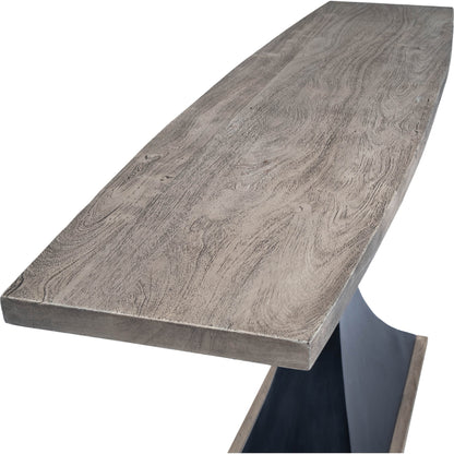 Lidiya Console Table by Butler Specialty Company in gray and metalworks. Made from acacia wood, gray sandwash finish, iron, black powder coat finish in a modern style.